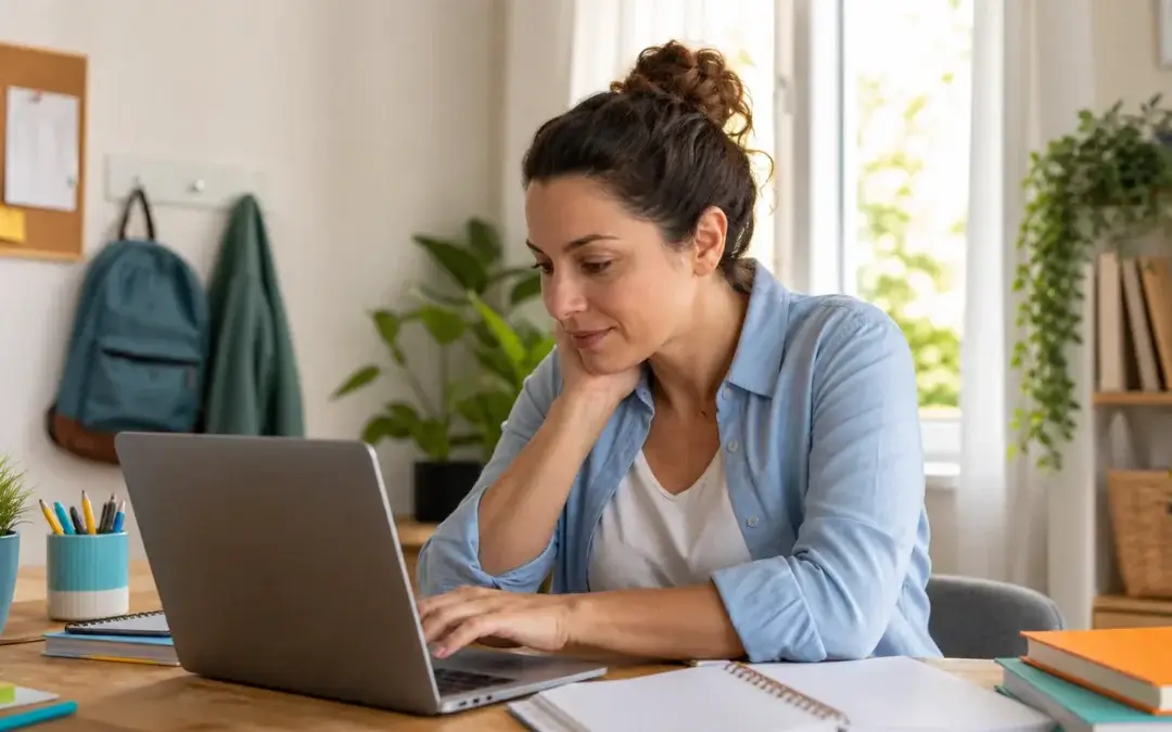 Adult student studying at a laptop with notebooks and textbooks nearby.