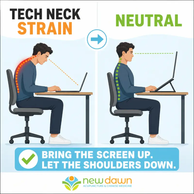 Side-by-side illustration comparing strained forward-head laptop posture with neutral alignment and a raised screen.
