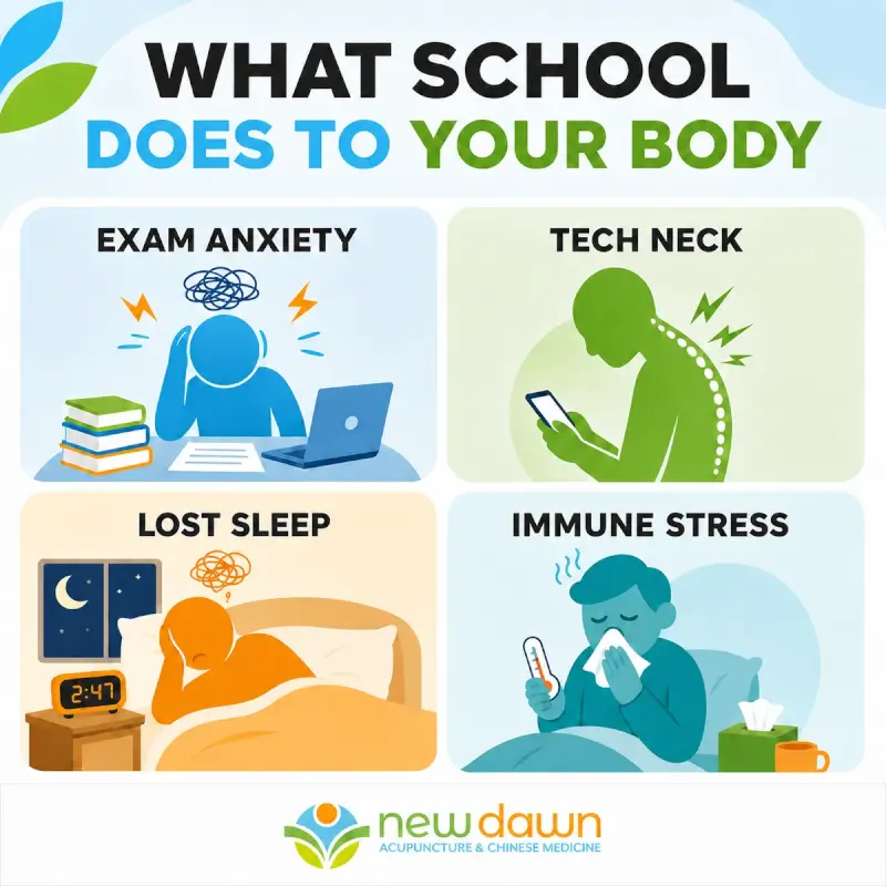 Four-panel overview of how school stress can affect the body through exam anxiety, tech neck, lost sleep, and immune stress.