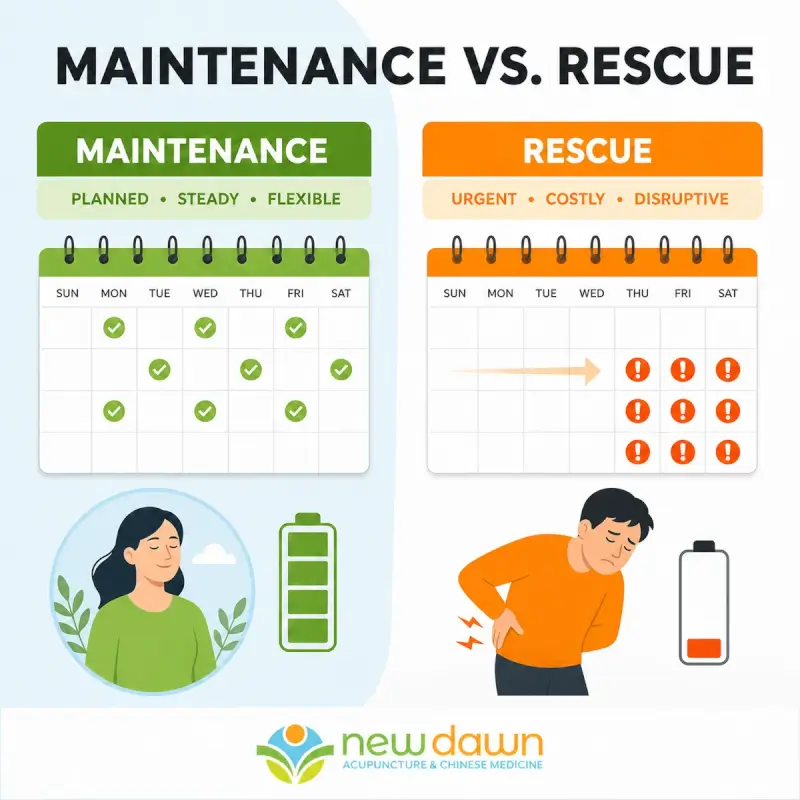 Side-by-side calendar comparison of planned maintenance care versus urgent rescue care and disruption.