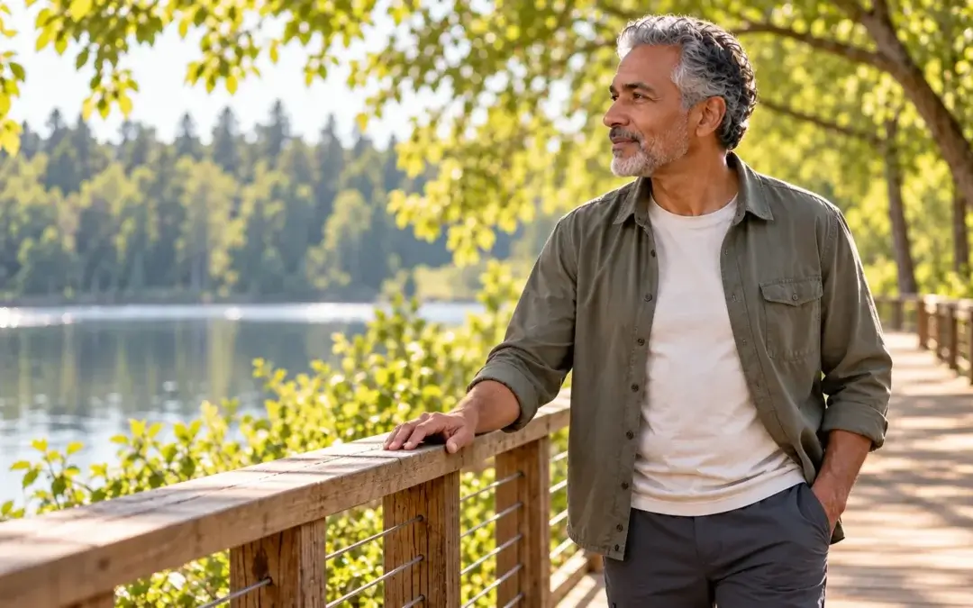 An older man rests a hand on a boardwalk railing beside a lake.
