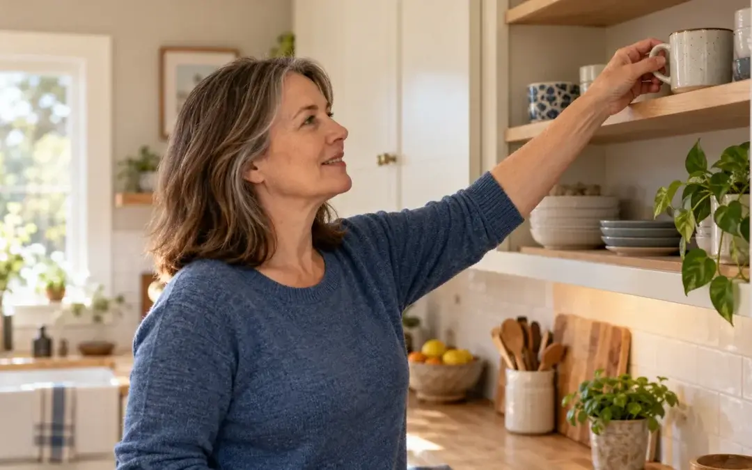A middle-aged woman reaches for a mug on a kitchen shelf, illustrating the everyday movements discussed in orthopedic acupuncture care.
