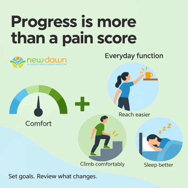 A comfort dial and simple activity icons show that recovery includes both comfort and everyday function: reaching, climbing stairs, and sleeping.