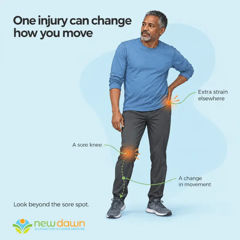 Callouts around a standing man connect a sore knee, changed movement, and extra strain near the hip, encouraging readers to look beyond the sore spot.