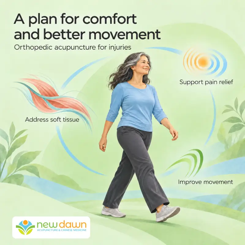 A woman walking is surrounded by three goals of orthopedic acupuncture for injuries: support pain relief, address soft tissue, and improve movement.