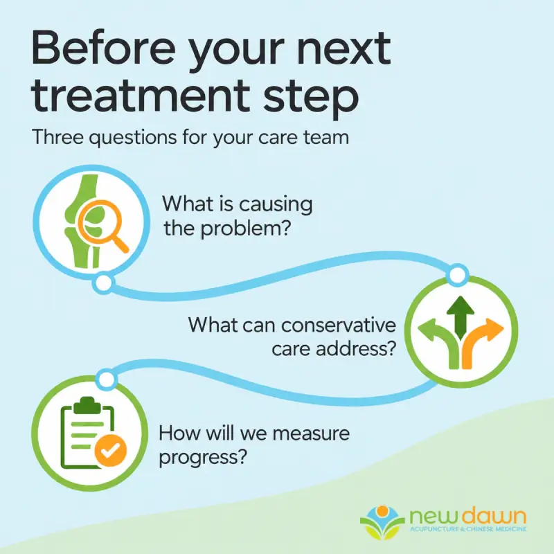 A pathway links three questions for the care team: what is causing the problem, what conservative care can address, and how progress will be measured.